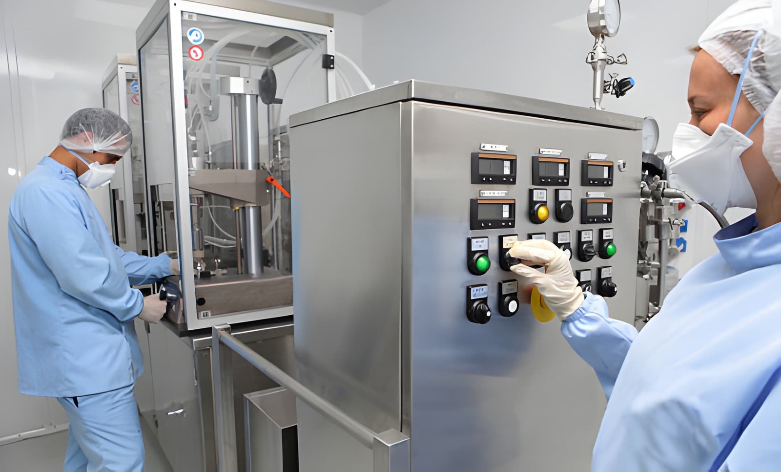 3 personen bij een farmaceutische machine