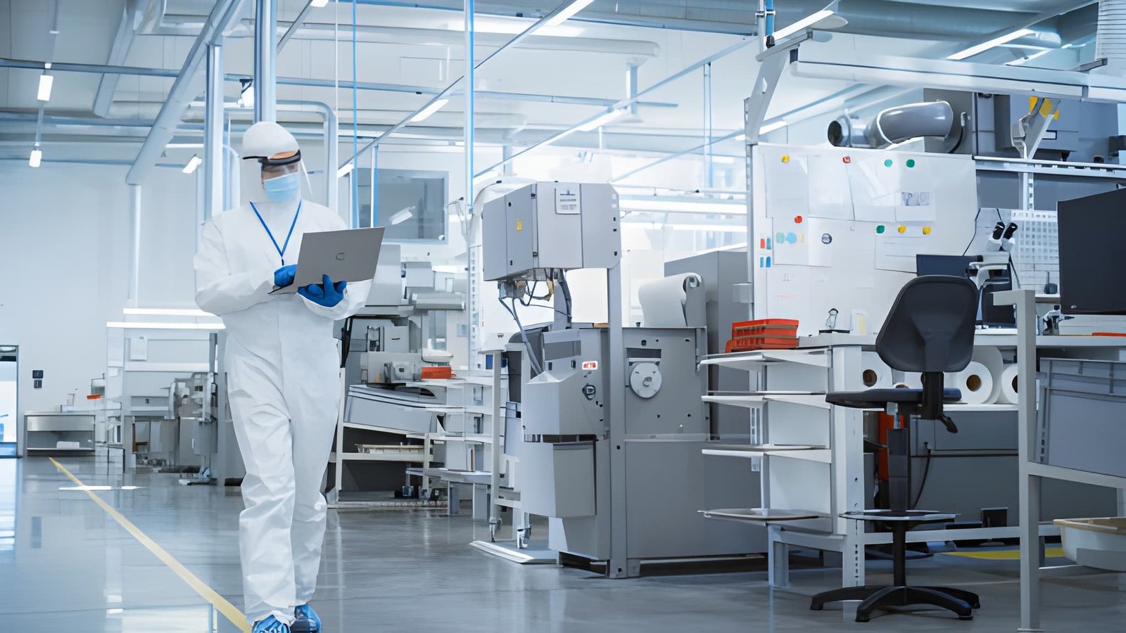 man in wit pak loopt met laptop door cleanroom omgeving met allemaal machines