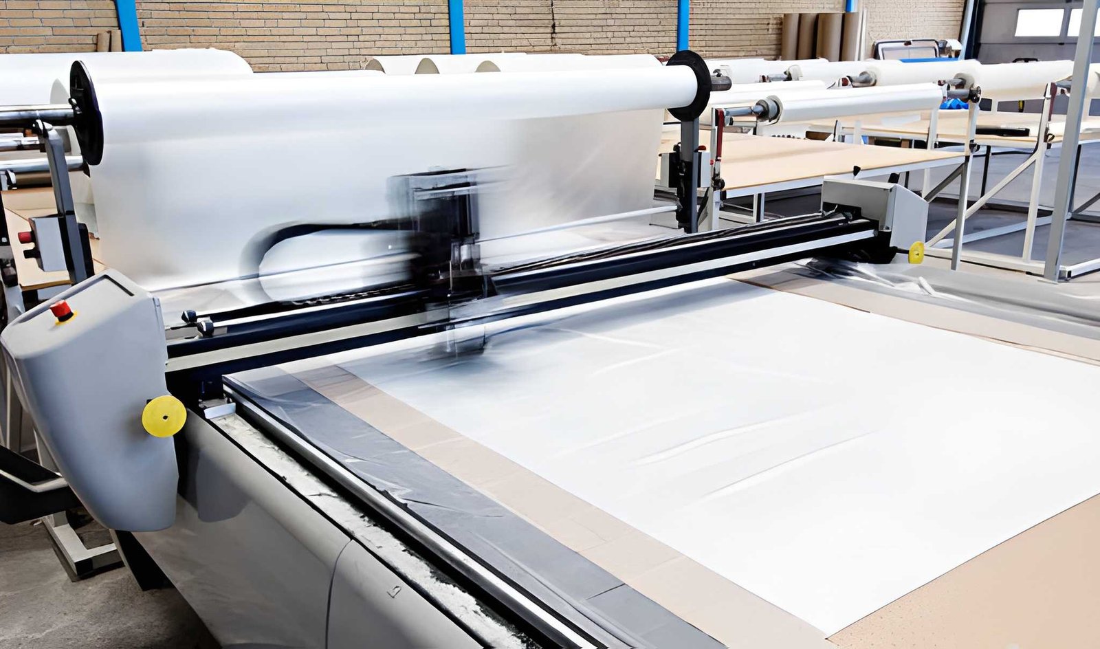 Textiel machine waar wit textiel uitkomt met kabelrupsen