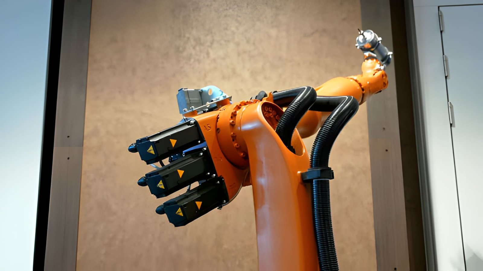 Oranje kuka robot met grote zwarte beschermslangen