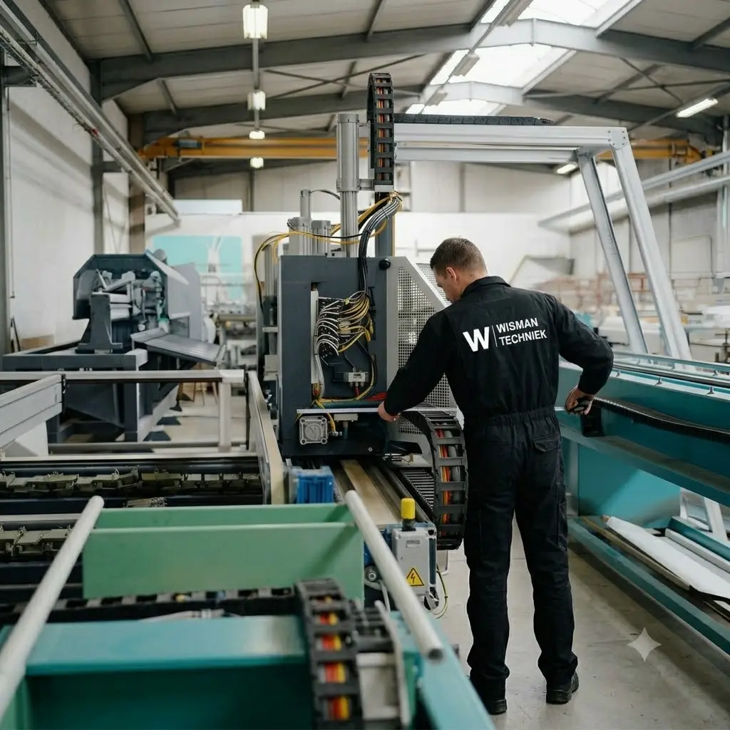 Een technicus meet de binnenbreedte van een Tsubaki Kabelschlepp kabelrups in een machinebouwwerkplaats.